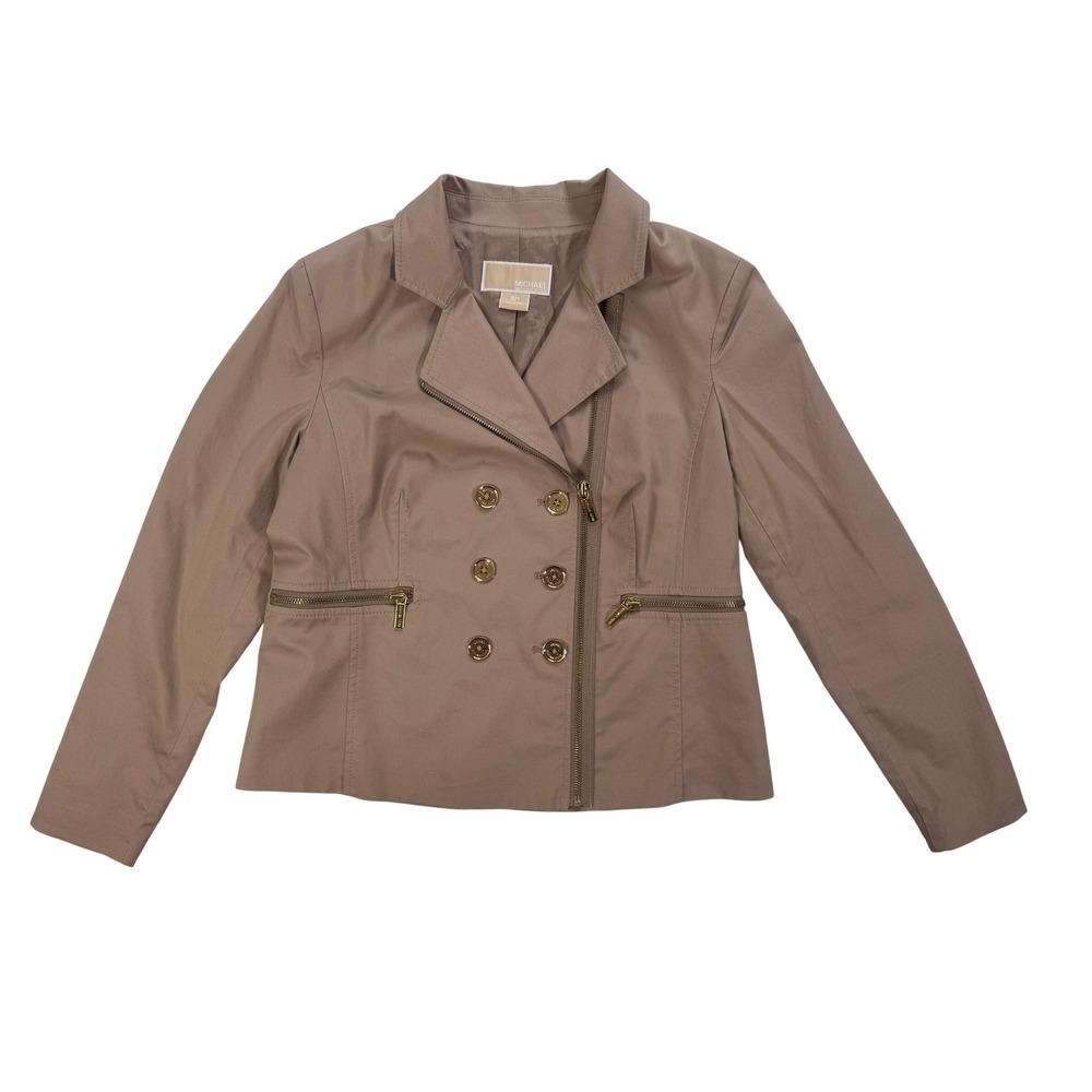 Michael Kors Women's Khaki Tan Moto Jacket Gold Hardware Zipper Size 6P Preppy
